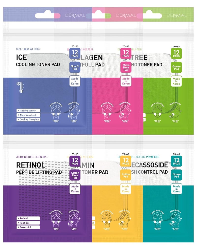 DERMAL 6 Types Toner Pad Trial Kit Portable Travel Combo Set  Ice Cooling Collagen Retinol Madecassoside Tea Tree Vitamin Korean Face Toner Pads 12 Pads x 6 Pack