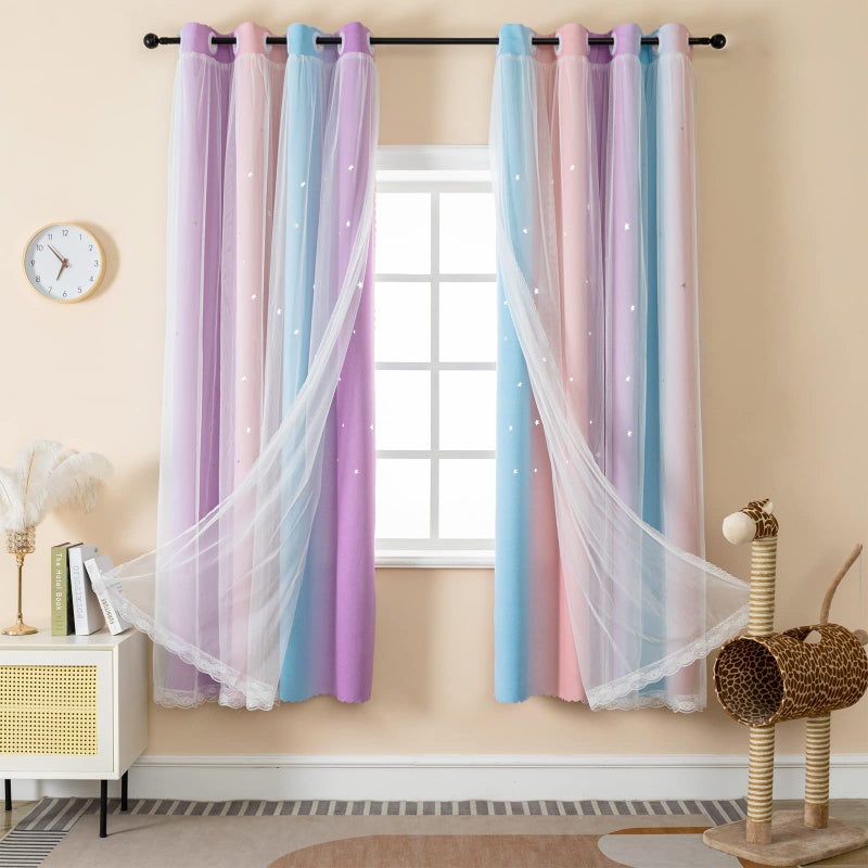 LUGOTAL Curtains for Girls Bedroom Purple and Pink Kids Curtain Star Cutout Rainbow Curtain for Girls Room Decor Window Nursery Curtain 63 inches Long Room Darkening Grommet 2 Panels W42 x L63