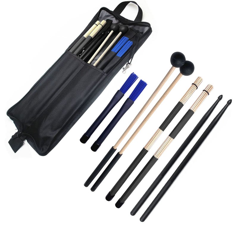 TUOREN Drum Stick Bag Portable Drumstick Storage Handbag with Drumsticks Drum Brushes Stick Set 4Pair Percussion Instrument Accessories for Jazz Acoustic Drummer Practice Rock Band Students Black