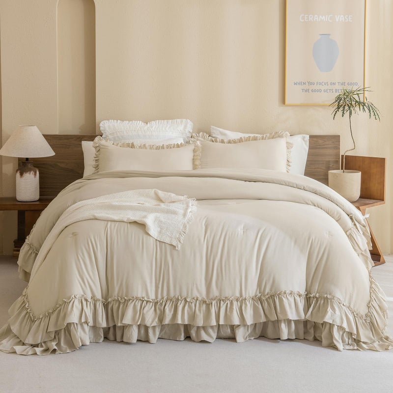 Masaca Farmhouse King Size Comforter SetShabby Boho Chic Bedding Ruffled King Bed Comforter Vintage Rustic French Country Bedding Sets 3 Pieces 1 Ruffle Comforter and 2 Pillowcases