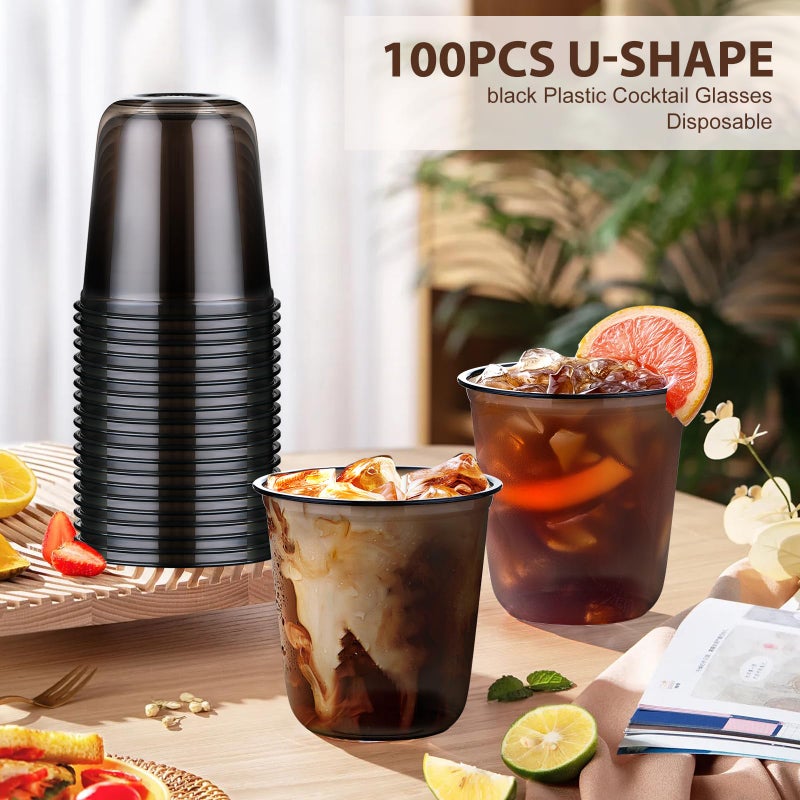 Kesaplan 100 Pcs 12 Oz Black Clear Plastic Cups  Disposable Stemless Wine Glasses For Halloween Graduation Party  Round Bottom Plastic Cocktails Cups  Disposable Cold Drinks Cup For Birthday Wedding - Image 2
