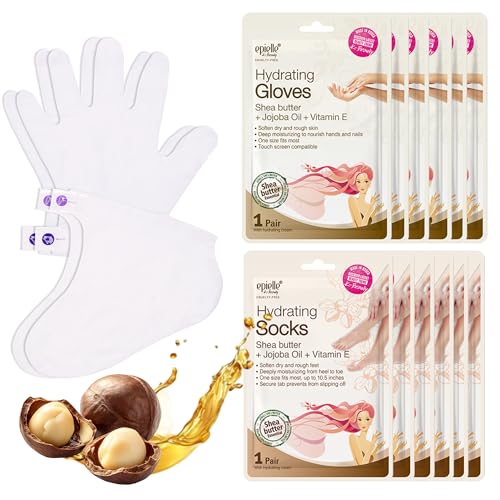 Epielle Hydrating Hand  Foot Masks 12 Pairs Deep Moisturizing Socks  Gloves Soften Dry Hands  Cracked Heels with Shea Butter  Jojoba Oil Korean Skin Care Foot Spa Self Care Gifts for Women