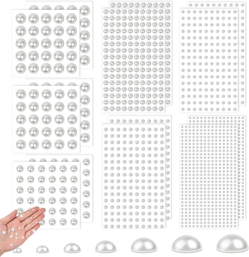 KASTWAVE 1982 PCS Self Adhesive Pearl Stickers, 12 Sheets White Flat Back Pearls, Half Round, Stick on Pearls for Hair, Face, Makeup, Eye, Nail, Crafts, Decoration (3/4/5/6/8/10mm) - Image 1