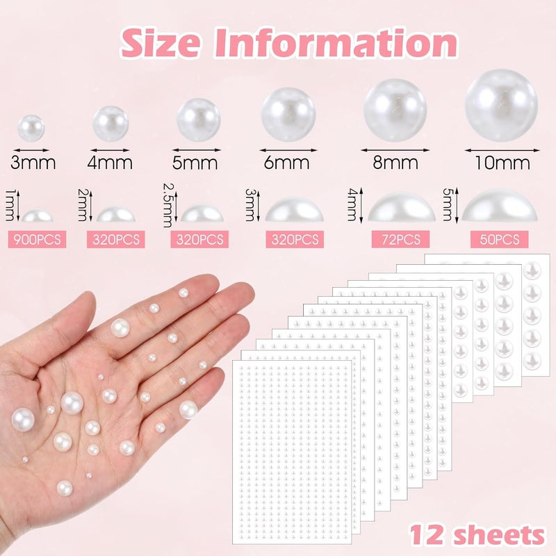 KASTWAVE 1982 PCS Self Adhesive Pearl Stickers, 12 Sheets White Flat Back Pearls, Half Round, Stick on Pearls for Hair, Face, Makeup, Eye, Nail, Crafts, Decoration (3/4/5/6/8/10mm) - Image 5