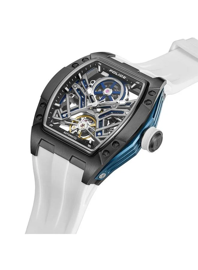 بوليس ساعة تيمبا أوتوماتيكية للرجال بقرص أسود وسوار سيليكون أبيض -  مم