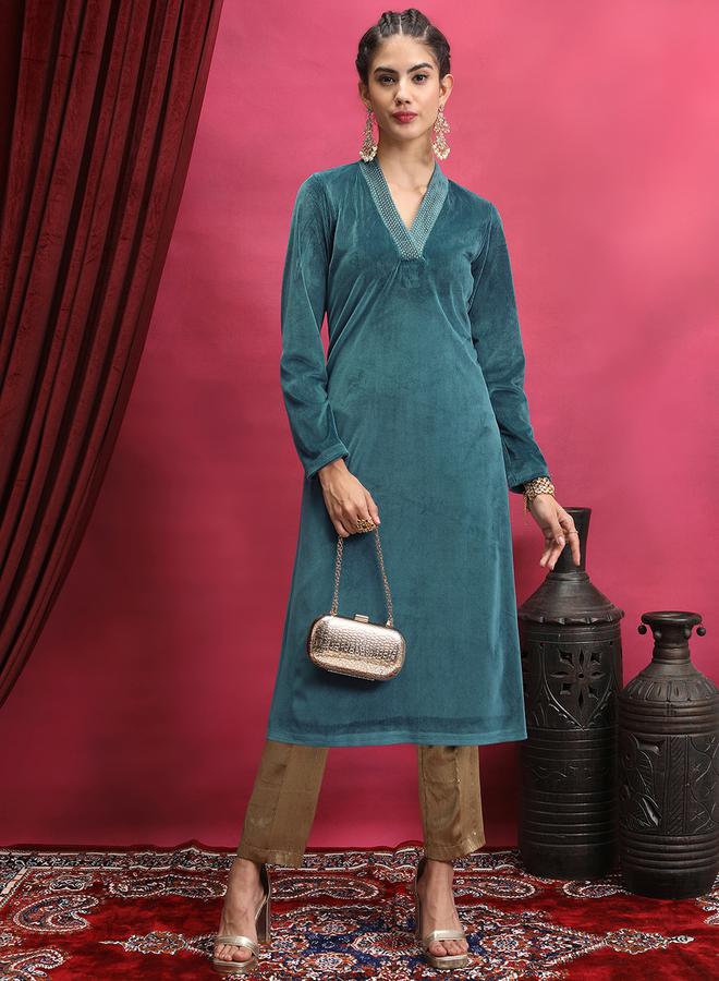 Vishudh Women Regular Fit V-Neck Straight Kurta - Image 1