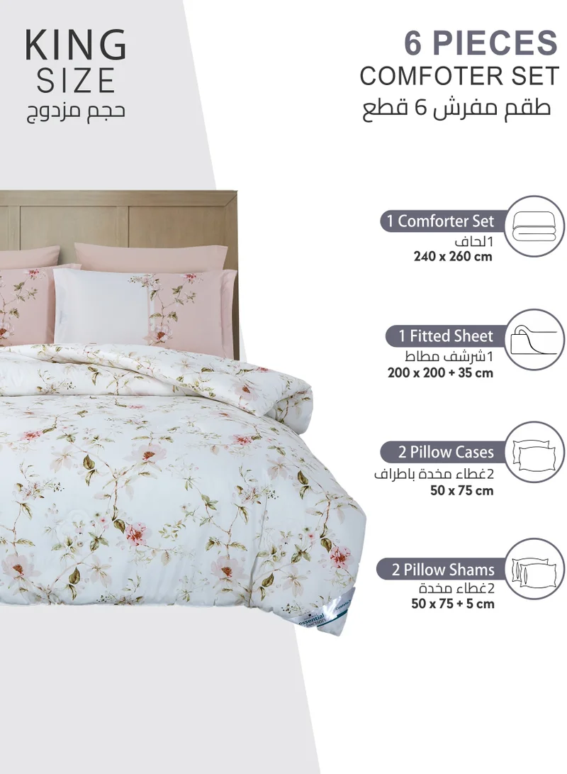 Donetella Printed Comforter Set 6-Pcs King Size All Season Double Bed Fits(200 X 200 Cm)Bedding Set With Removable Filler And Down Alternative Filling, White Rock