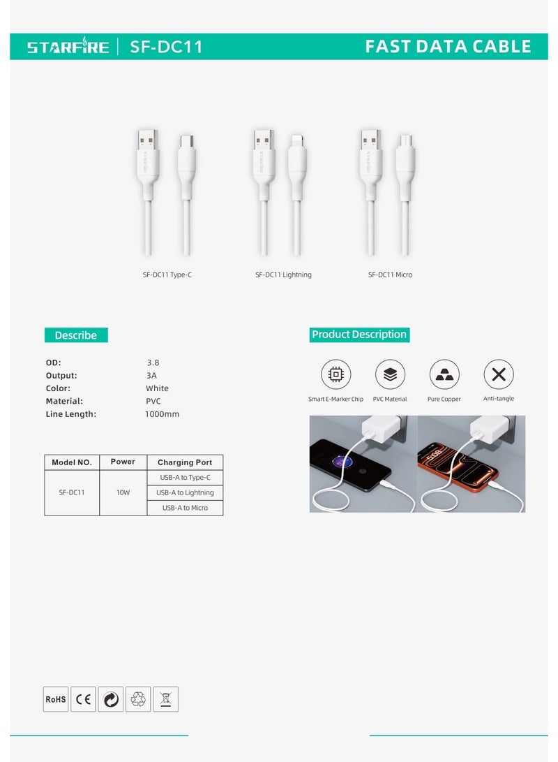 STARFIRE Fast Charging Cable 3A High Speed Data Sync 1m PVC White USB Cable(Micro) - Image 4