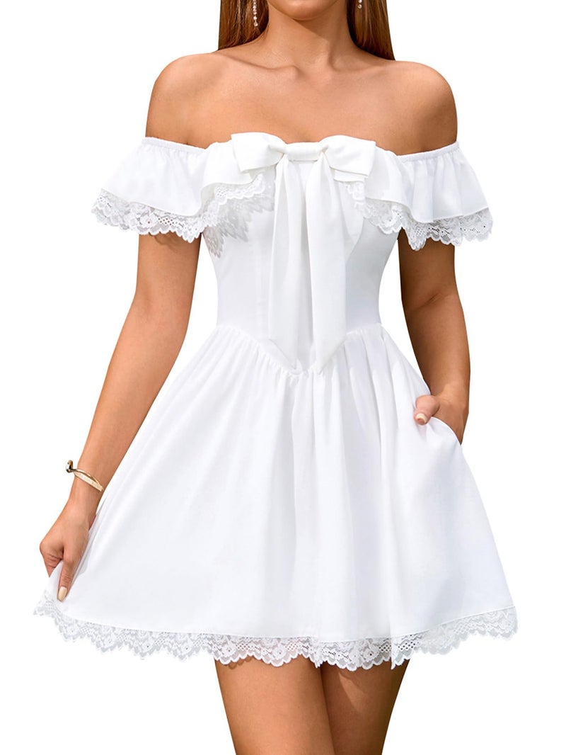 EYNMIN Women's Off The Shoulder Mini Graduation Dress Lace Bow Tie Flowy A Line Cute Casual Short Dresses with Pocket White - Image 1