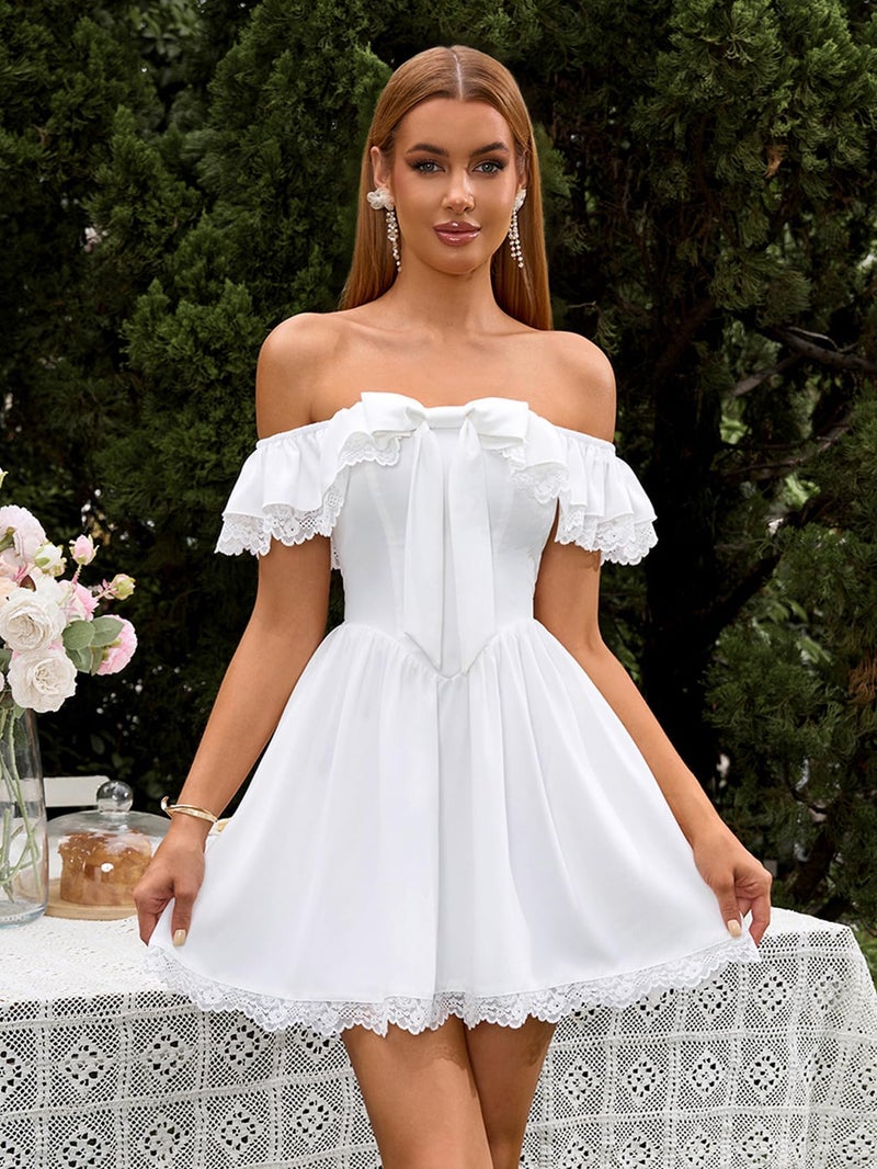 EYNMIN Women's Off The Shoulder Mini Graduation Dress Lace Bow Tie Flowy A Line Cute Casual Short Dresses with Pocket White - Image 5