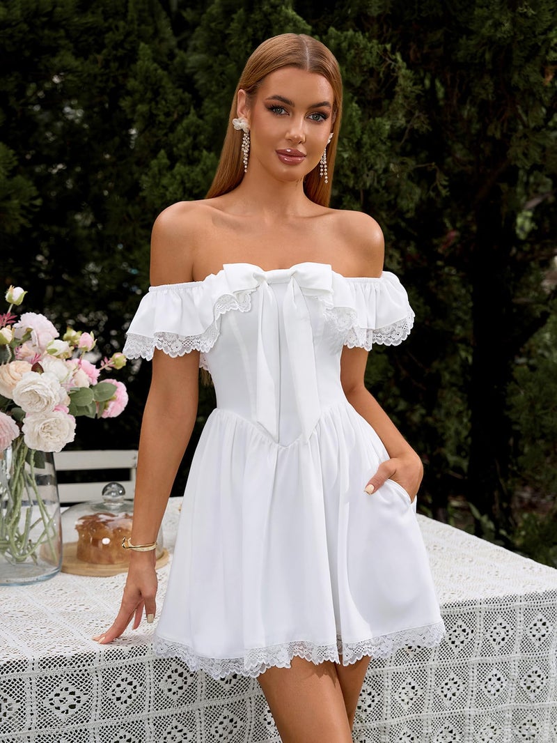 EYNMIN Women's Off The Shoulder Mini Graduation Dress Lace Bow Tie Flowy A Line Cute Casual Short Dresses with Pocket White - Image 2