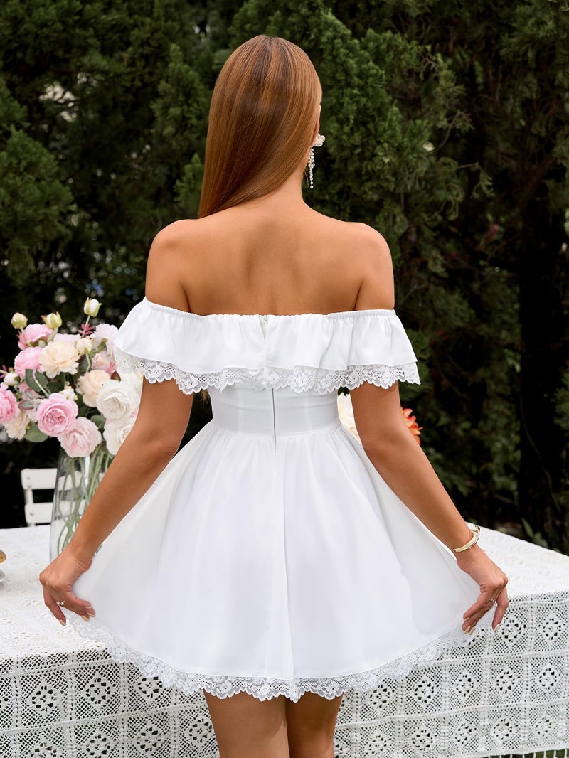 EYNMIN Women's Off The Shoulder Mini Graduation Dress Lace Bow Tie Flowy A Line Cute Casual Short Dresses with Pocket White - Image 3