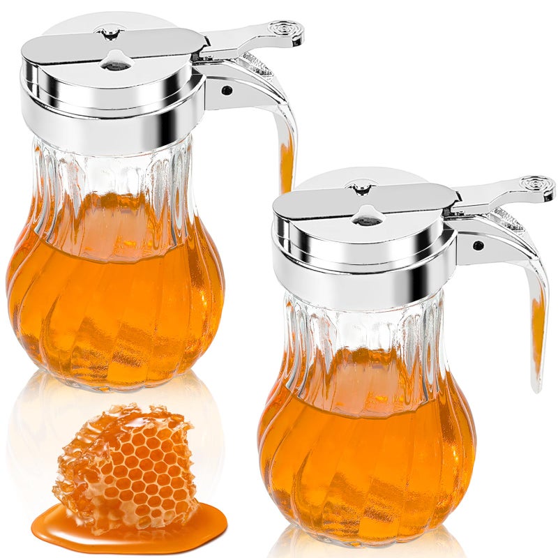 YEXEXINM 2Pcs 8oz Syrup Dispenser Honey Pot Glass Honey Dispenser Jar, Maple Syrup Dispenser, Honey Container, Commercial Quality With Handle Honey Dispenser for Home Kitchen Storage (2, Twill weave 2 Pack) - Image 1