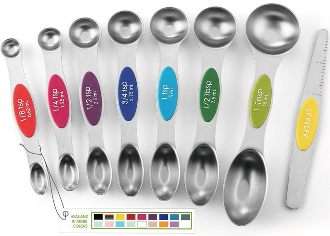 STAINLESS STEEL MAGNETIC MEASURING SPOONS SET WITH STRONG MAGNETS HEAVY DUTY METAL KITCHEN GADGETS FOR BAKING COOKING FITS IN MOST KITCHEN SPICE JARS MULTICOLOR SET OF 8 WITH LEVELER