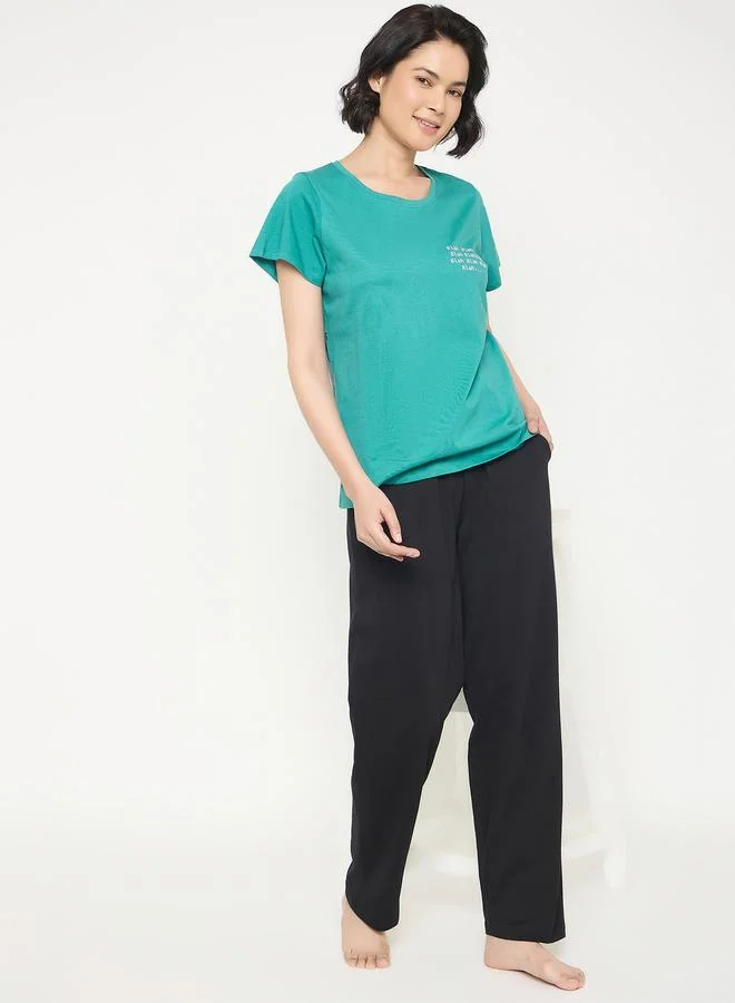 Clovia Clovia Typography Print Cotton T-Shirt and Pyjama Set