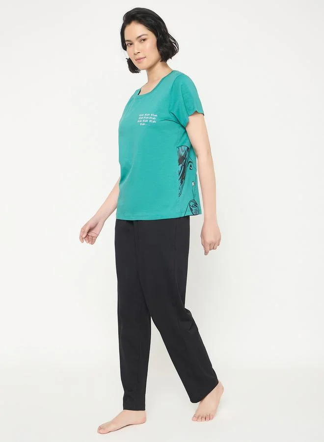 Clovia Clovia Typography Print Cotton T-Shirt and Pyjama Set