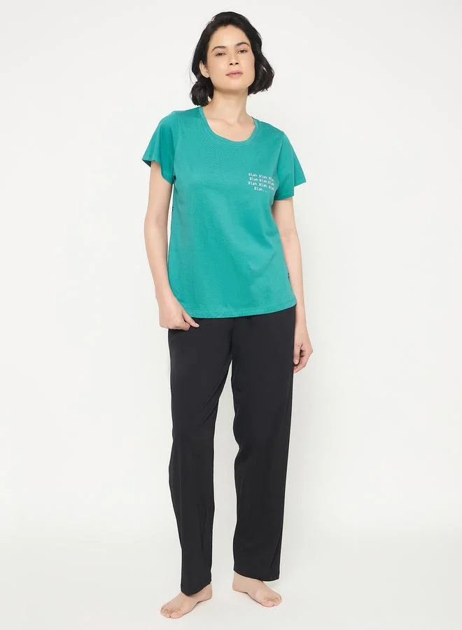 Clovia Clovia Typography Print Cotton T-Shirt and Pyjama Set