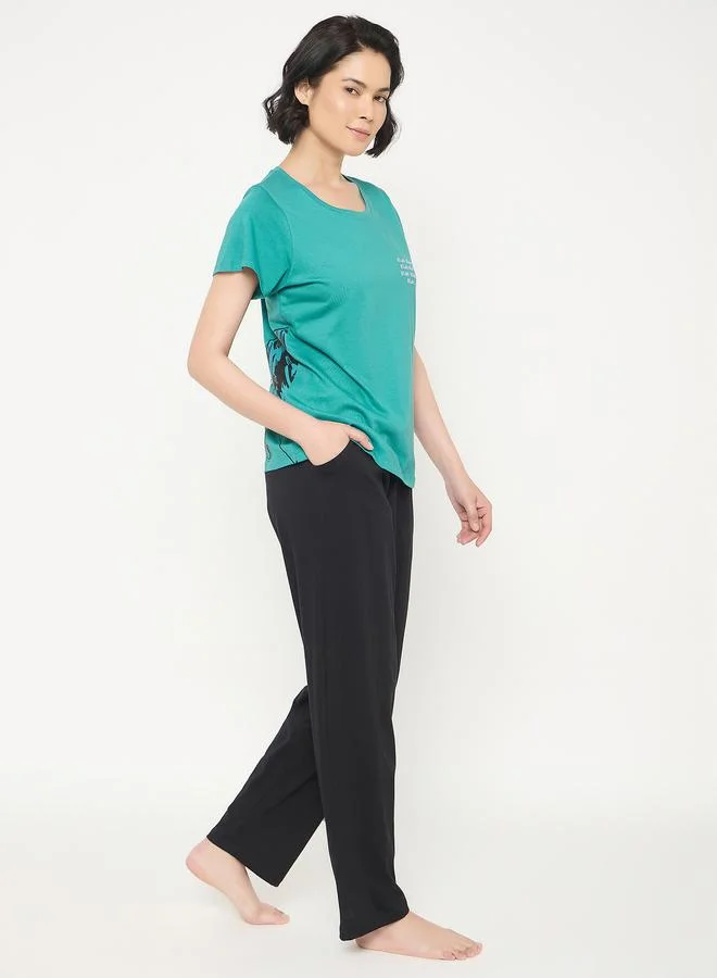 Clovia Clovia Typography Print Cotton T-Shirt and Pyjama Set