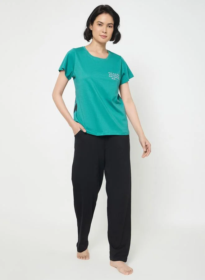 Clovia Clovia Typography Print Cotton T-Shirt and Pyjama Set