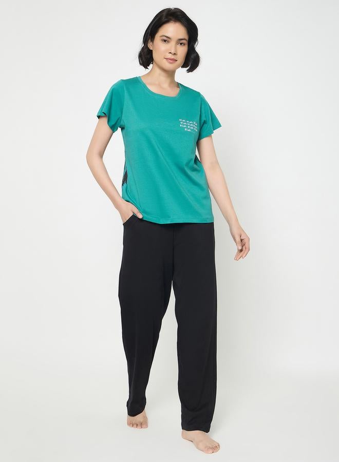 Clovia Typography Print Cotton T-Shirt and Pyjama Set - Image 4