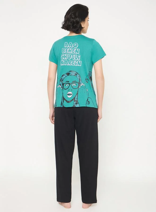 Clovia Clovia Typography Print Cotton T-Shirt and Pyjama Set