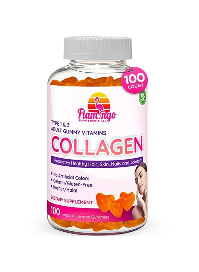 Flamingo Supplements Collagen Gummies- Natural Marine Collagen for Women, and Men- Collagen Supplements for Skin Joint, Hair, Nails- Hydrolyzed Type 2 & 1 3- Replace Pills and Powders - No Gelatin, Kosher, Halal- 100 Ct. - Image 1