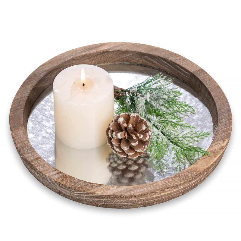 Hanobe Round Wood Decorative Tray Rustic Wooden Tray for Coffee Table Farmhouse Centerpiece Mirror Candle Holder Vintage Mirrored Bar Plate Ottoman Topper for Home Decor Bathroom Kitchen