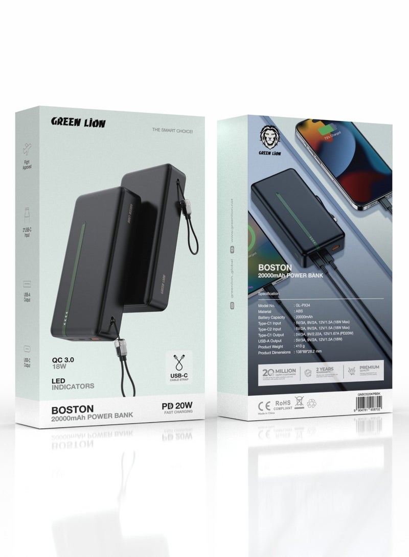GREEN LION 20000mAh Power Bank Boston with USB-C Cable Strap / PD 20W Fast Charging /Portable charger/ Dual USB-C Inputs/ USB-A Output/ QC 3.0 / Portable Quick Charger PowerBank 20000 mAh - Black - Image 3