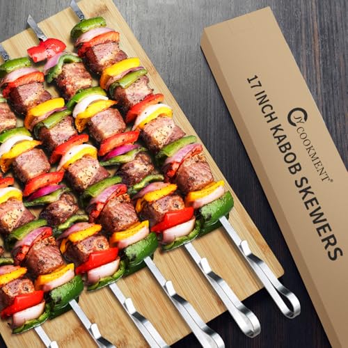 JY COOKMENT Kabob Skewers 17" Stainless Steel Long BBQ Barbecue Skewers, Flat Metal Kebob Sticks Wide Reusable Grilling Skewers for Meat Chicken,Set of 12 with Storage Bag - Image 3