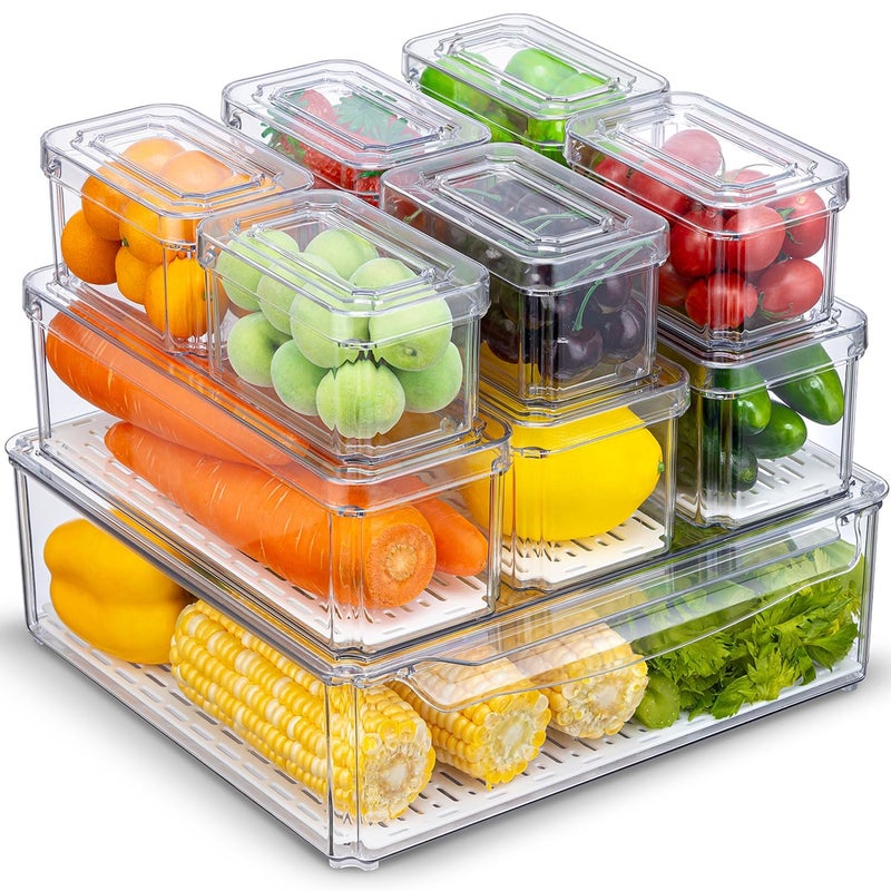 KUMD 10-Pack Clear Fridge Organizer Bins with Lids, Stackable Refrigerator Storage Containers, BPA-Free with Drain Tray & Anti-Slip Base for Fruits, Veggies, Drinks - Image 1