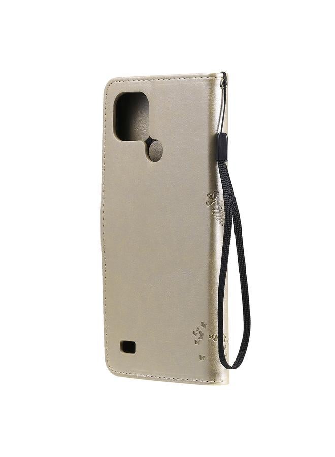 اس-توب جراب لهاتف OPPO Realme C21 / C20، جراب من جلد البولي يوريثان قلاب أفقي بطباعة مضغوطة بنقشة شجرة وقط مع حامل وفتحات للبطاقات ومحفظة وحبل تعليق - Image 3