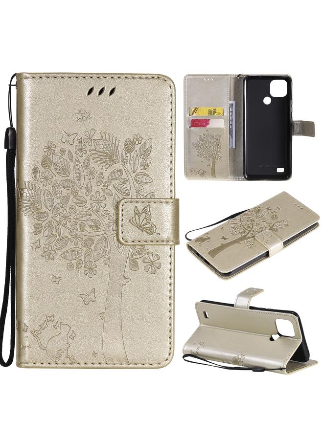 اس-توب جراب لهاتف OPPO Realme C21 / C20، جراب من جلد البولي يوريثان قلاب أفقي بطباعة مضغوطة بنقشة شجرة وقط مع حامل وفتحات للبطاقات ومحفظة وحبل تعليق - Image 1