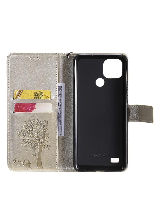 اس-توب جراب لهاتف OPPO Realme C21 / C20، جراب من جلد البولي يوريثان قلاب أفقي بطباعة مضغوطة بنقشة شجرة وقط مع حامل وفتحات للبطاقات ومحفظة وحبل تعليق - Image 4