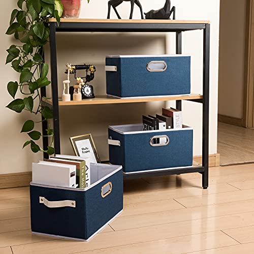 PRANDOM Fodable Storage Bins for Closet [3-pack] Decorative Fabric Storage Baskets Cubes with Leather/Metal Handles for Shelves Bedroom Living Room Royal Blue (11.5x8.5x6.7 Inch) - Image 3