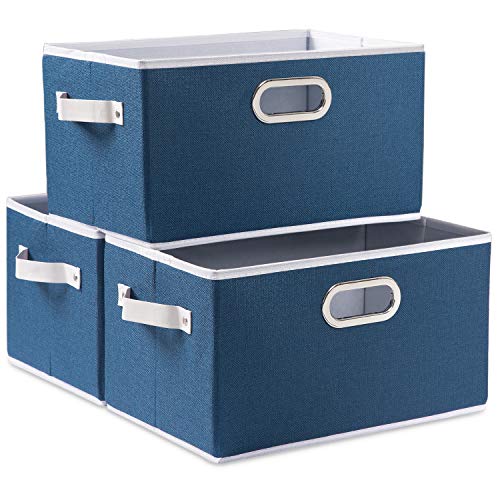 PRANDOM Fodable Storage Bins for Closet [3-pack] Decorative Fabric Storage Baskets Cubes with Leather/Metal Handles for Shelves Bedroom Living Room Royal Blue (11.5x8.5x6.7 Inch) - Image 1