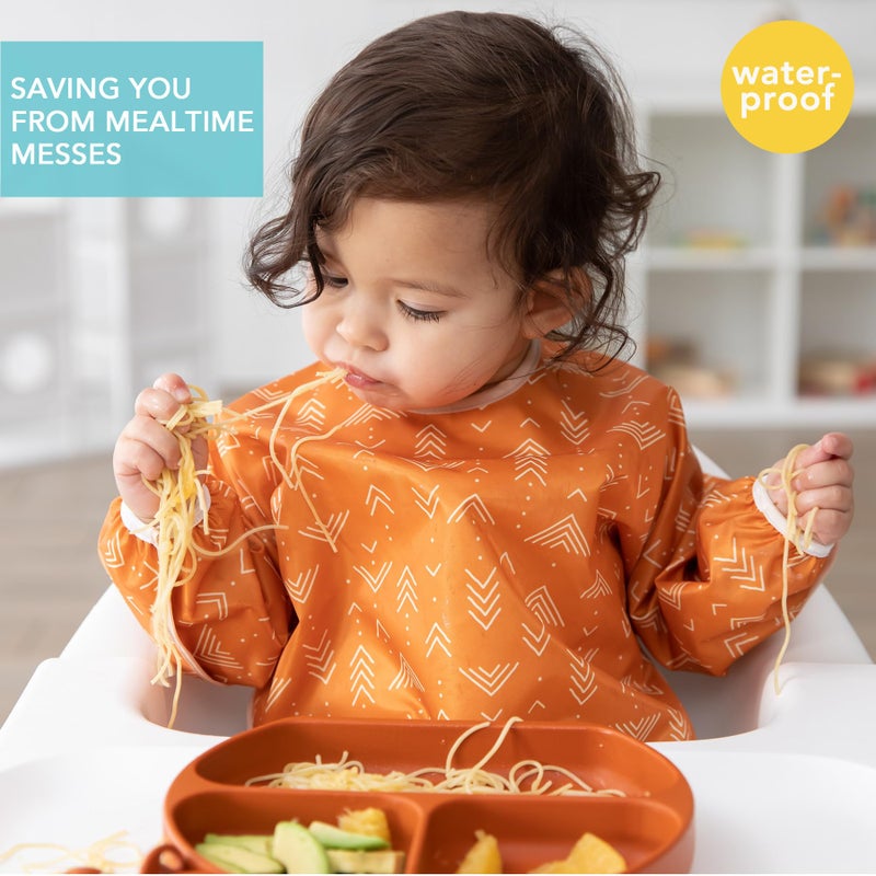 Bumkins Sleeved Bib for Girl or Boy, Baby and Toddler for 6-24 Mos, Essential Must Have for Eating, Feeding, Baby Led Weaning Supplies, Long Sleeve Mess Saving Food Catcher, Soft Fabric, Boho Orange - Image 2