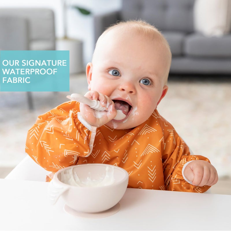 Bumkins Sleeved Bib for Girl or Boy, Baby and Toddler for 6-24 Mos, Essential Must Have for Eating, Feeding, Baby Led Weaning Supplies, Long Sleeve Mess Saving Food Catcher, Soft Fabric, Boho Orange - Image 3