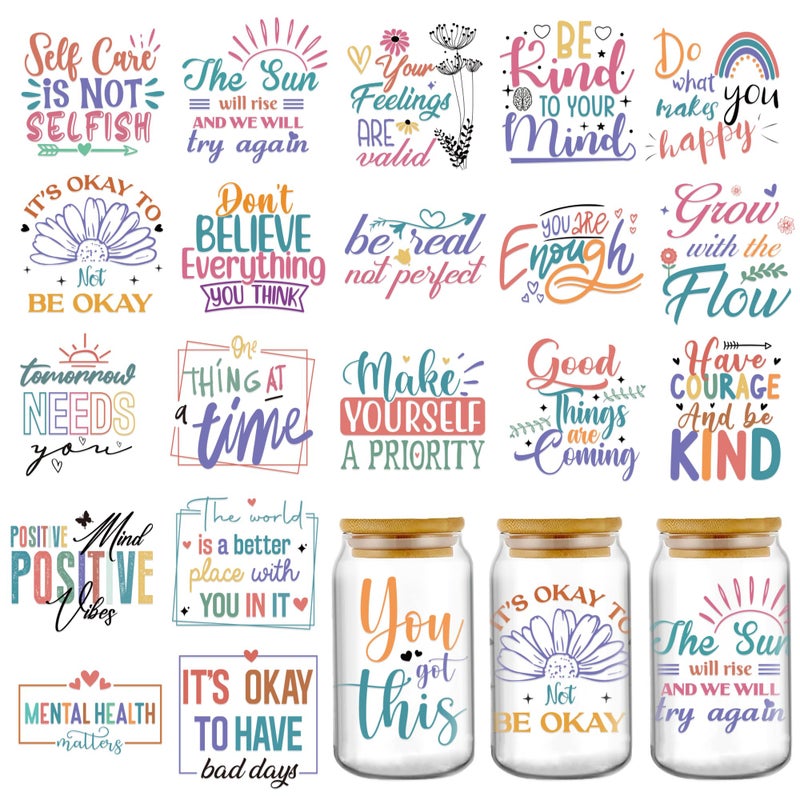 AFRITEE Transfer Cup Wrap Decals 20 Sheets Colorful Mental Health UV DTF Cup Wraps for 16 20 40 oz Glass Daily Affirmation Inspiration Uplifting Uvdtf Transfer Stickers for Water Bottle Craft Gifts