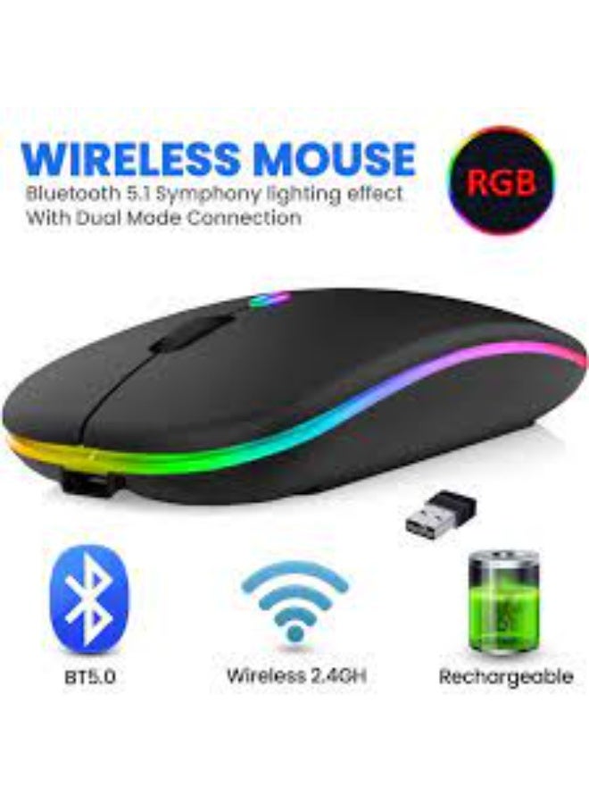 W10 Rechargeable Dual-Mode Wireless Bluetooth Portable Mouse with LED Light (Bluetooth and USB Receiver), for Laptops/Desktops/Tablets (Black), W10 - Image 1