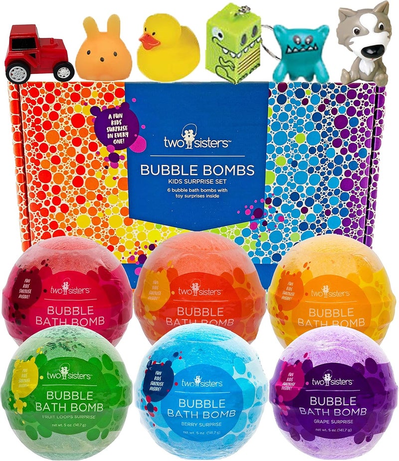 Kids Bath Bombs with Surprise Toys Inside 6 Pack  Releases Color  Bubbles Wont Stain Tub Moisturizing Large Bubble Bomb USA Made  Ideal Gift for Girls  Boys by Two Sisters