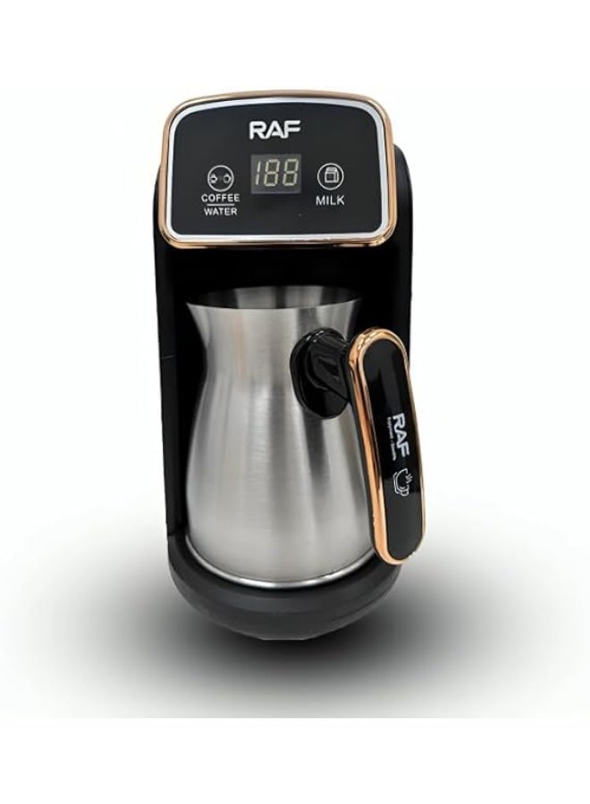 آر إيه أف ماكينة قهوة تركية كهربائية بسعة 300 مل وقدرة 600 وات – آلة قهوة أوتوماتيكية من الستانلس ستيل بشاشة رقمية، وضع مزدوج للقهوة والحليب، تسخين سريع، مانعة للانسكاب، بتصميم أنيق باللونين الأسود والذه - Image 1