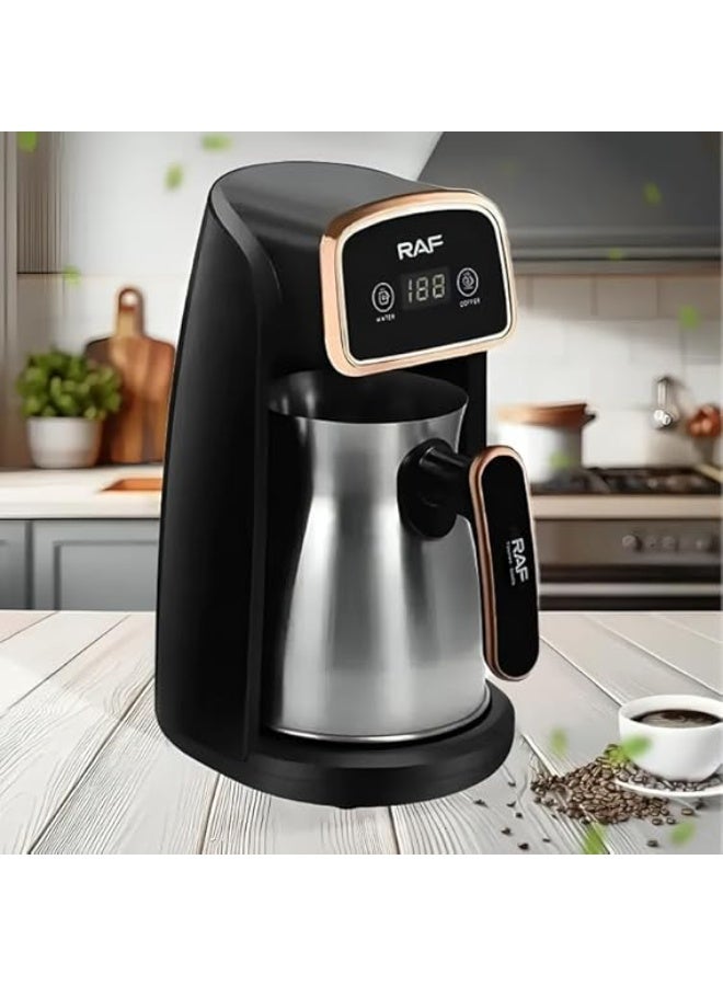 آر إيه أف ماكينة قهوة تركية كهربائية بسعة 300 مل وقدرة 600 وات – آلة قهوة أوتوماتيكية من الستانلس ستيل بشاشة رقمية، وضع مزدوج للقهوة والحليب، تسخين سريع، مانعة للانسكاب، بتصميم أنيق باللونين الأسود والذه - Image 2