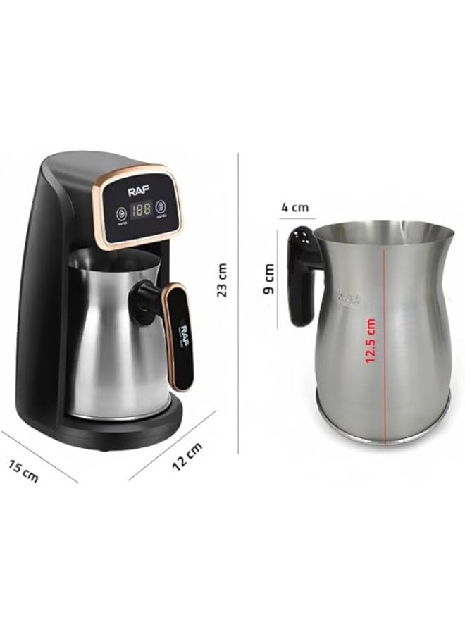 آر إيه أف ماكينة قهوة تركية كهربائية بسعة 300 مل وقدرة 600 وات – آلة قهوة أوتوماتيكية من الستانلس ستيل بشاشة رقمية، وضع مزدوج للقهوة والحليب، تسخين سريع، مانعة للانسكاب، بتصميم أنيق باللونين الأسود والذه - Image 3