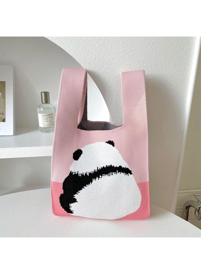 South Korea Ins Knitted Handbag Girl's Vesel Bag Knitted Bag Advanced Sense Cute Handbag Knitted Bag Crossbody Bag-Color:Back Panda - Image 1