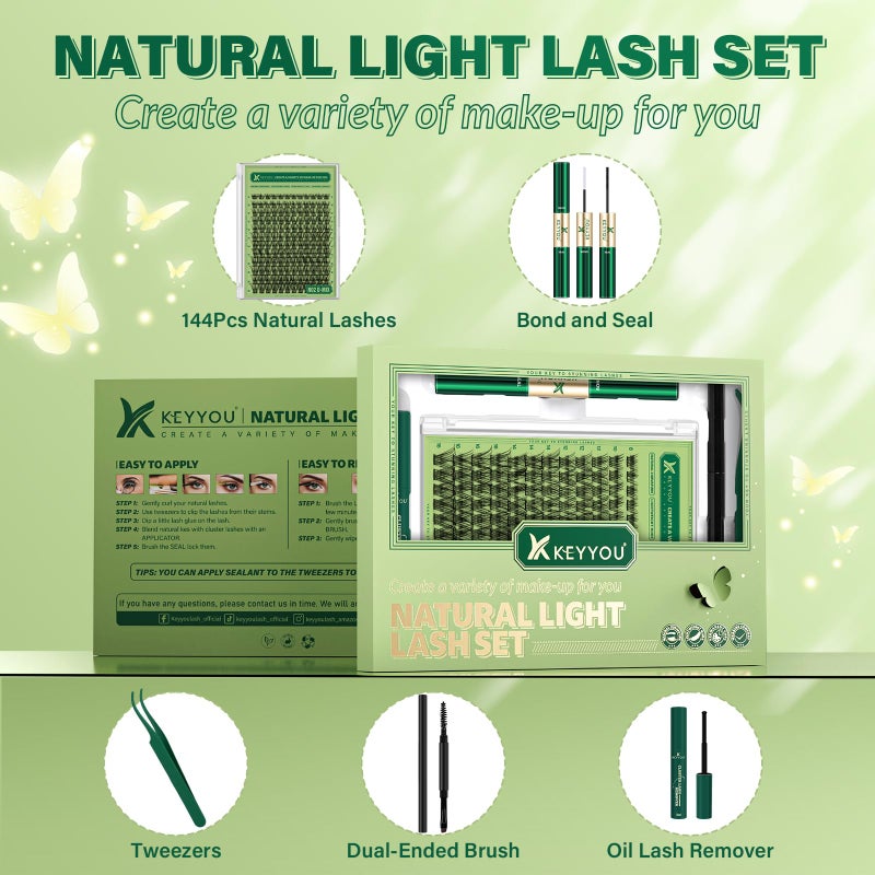 KEYYOU Natural Lash Clusters Kit 144Pcs DIY Lash Extension Kit Wispy Eyelash Extensions Kit D Curl 8-18MIX with Bond and Seal and tweezers with Thin Lash Band by KEYYOUï¼ˆKIT-N02-D-8-18MIXï¼‰ - Image 2