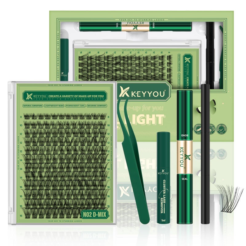 KEYYOU Natural Lash Clusters Kit 144Pcs DIY Lash Extension Kit Wispy Eyelash Extensions Kit D Curl 8-18MIX with Bond and Seal and tweezers with Thin Lash Band by KEYYOUï¼ˆKIT-N02-D-8-18MIXï¼‰ - Image 1