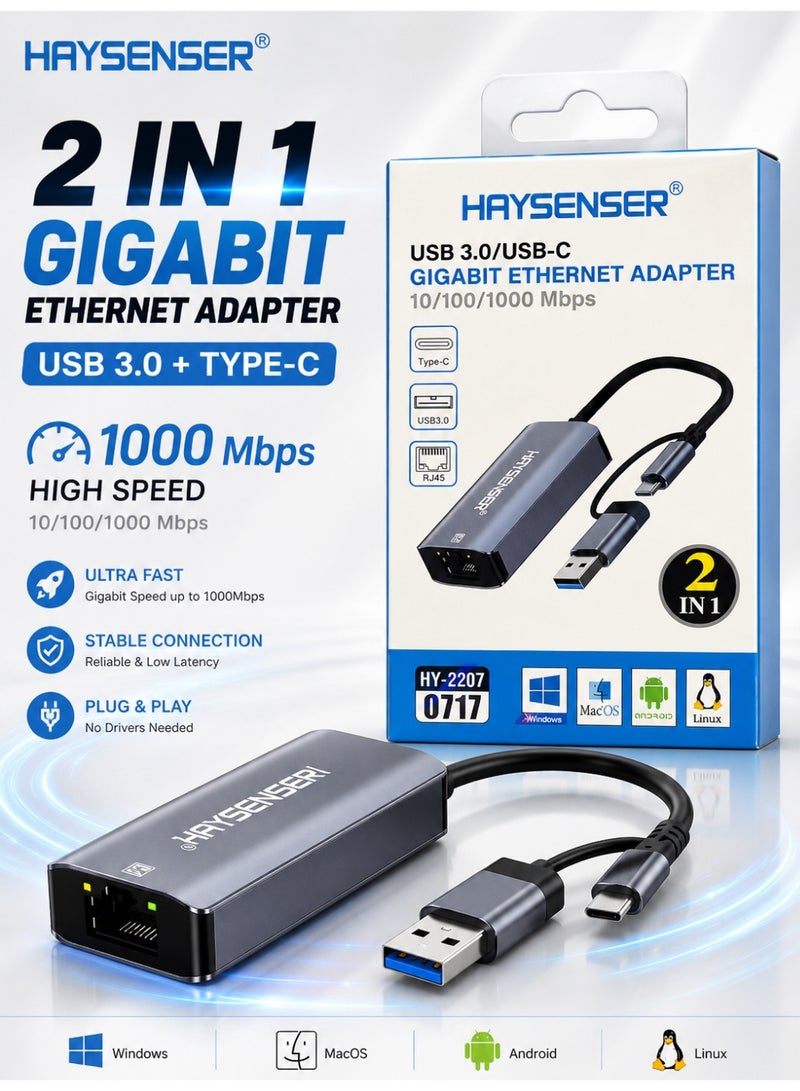 Haysenser USB 3.0 / USB-C Gigabit Ethernet Adapter 2-in-1 – RJ45 LAN Network Adapter 10/100/1000 Mbps for Windows, MacOS, Android & Linux - Image 1