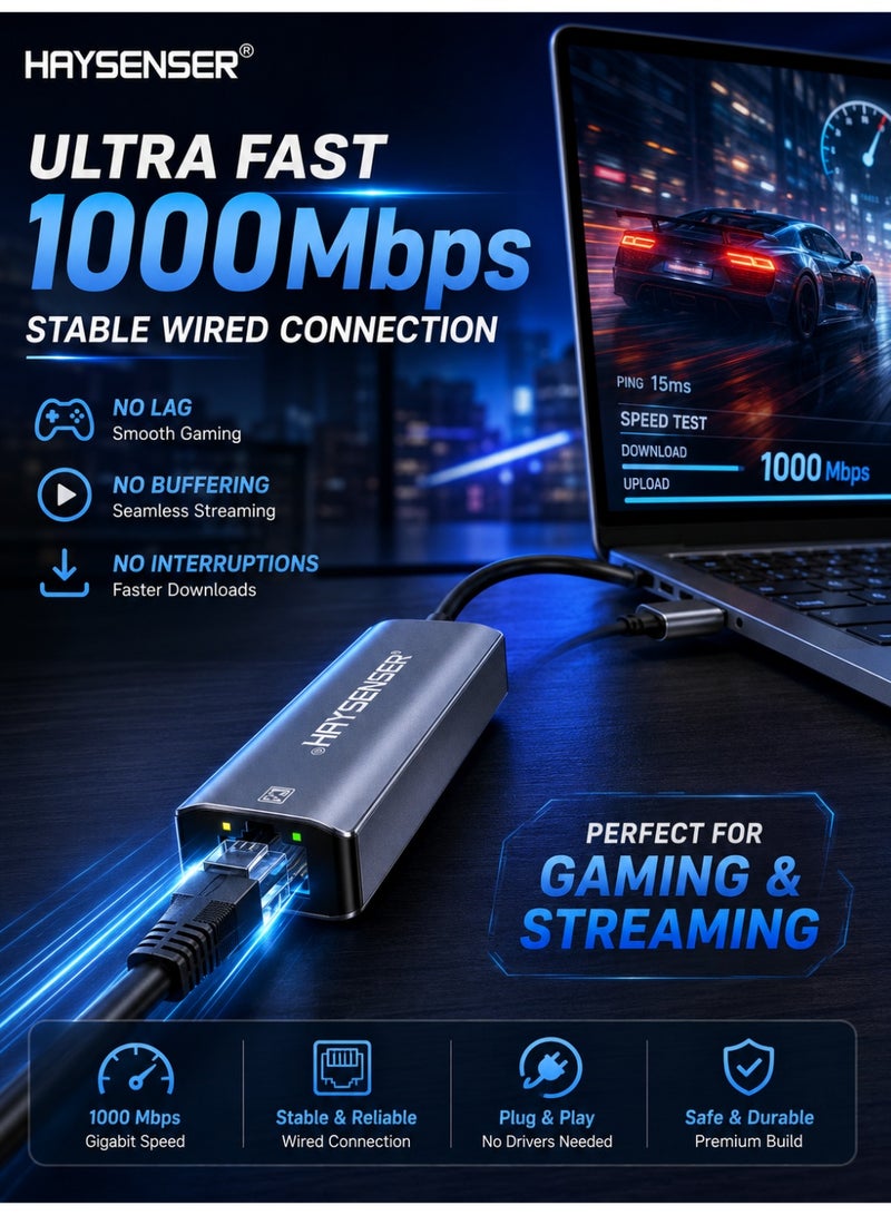 Haysenser USB 3.0 / USB-C Gigabit Ethernet Adapter 2-in-1 – RJ45 LAN Network Adapter 10/100/1000 Mbps for Windows, MacOS, Android & Linux - Image 2