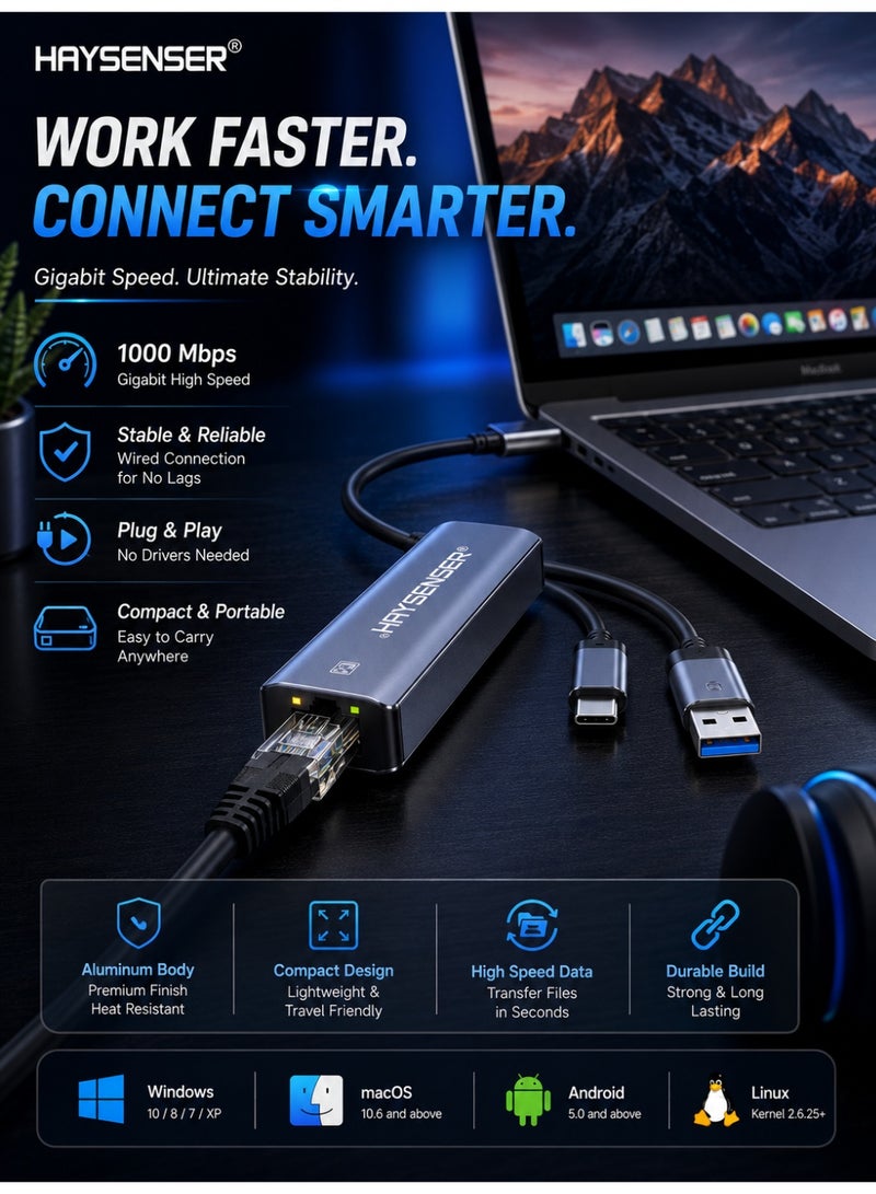 Haysenser USB 3.0 / USB-C Gigabit Ethernet Adapter 2-in-1 – RJ45 LAN Network Adapter 10/100/1000 Mbps for Windows, MacOS, Android & Linux - Image 4