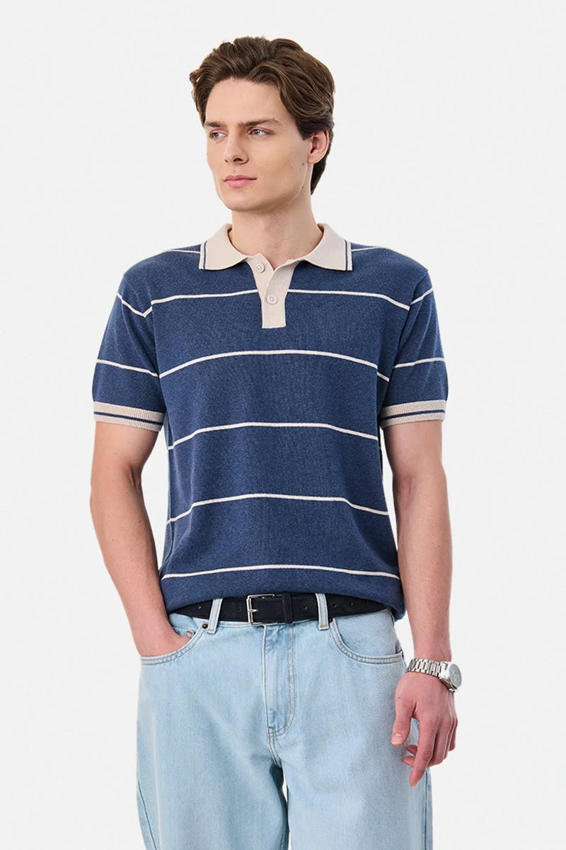 سنيتش Flat Knit Stripes Polo T-Shirt